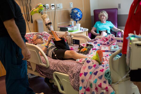 Grace Bunke at the hospital after her partial amputation. CONTRIBUTED