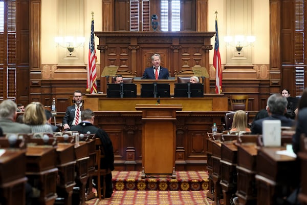 Gov. Brian Kemp delivers his State of the State address at the Capitol in Atlanta on Thursday.