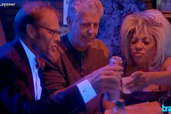 Anthony Bourdain (center) with Alton Brown (left) and Blondie at the Clermont Lounger for the Travel Channel show "The Layover."