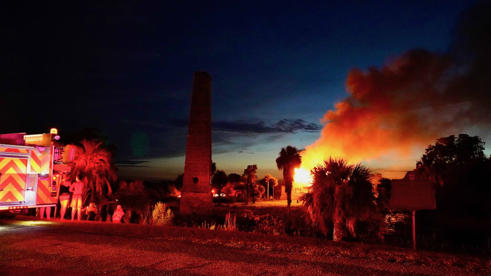 A fire engulfs a historic home at Butler Plantation, McIntosh County, Georgia, June 26, 2024. (Photo Courtesy of Robin Kemp/The Current GA)