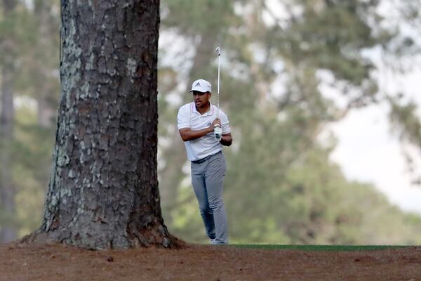 Xander Schauffele hits to the 15th hole from the fairway during the final round of the Masters Tournament Sunday, April 11, 2021, at Augusta National Golf Club in Augusta. (Curtis Compton/ccompton@ajc.com)