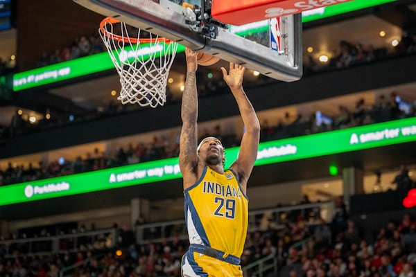 Indiana Pacers guard Quenton Jackson (29) drives to the basket during the first half of an NBA basketball game between the Atlanta Hawks, Saturday, Mar. 8, 2025, in Atlanta. (AP Photo/Erik Rank)