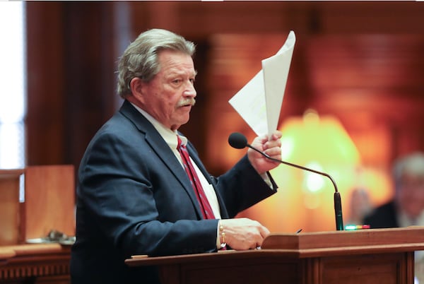 State Rep. Alan Powell, R-Hartwell, speaks on behalf of a bill during Crossover Day on Tuesday at the Georgia Capitol. Legislators voted on more than 100 bills that day to meet a crucial deadline in the state's legislative process. Miguel Martinez for The Atlanta Journal-Constitution 