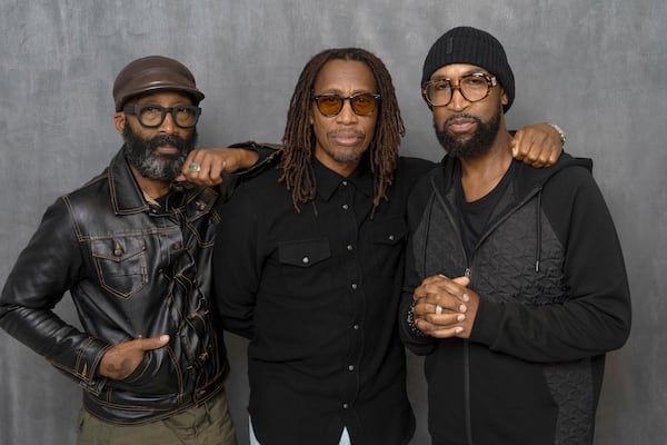 D'Wayne Wiggins (from left), Raphael Saadiq and Timothy Christian Riley of Tony! Toni! Tone! pose for a portrait on Wednesday, Sept. 27, 2023, in New York. (Gary Gerard Hamilton/AP)