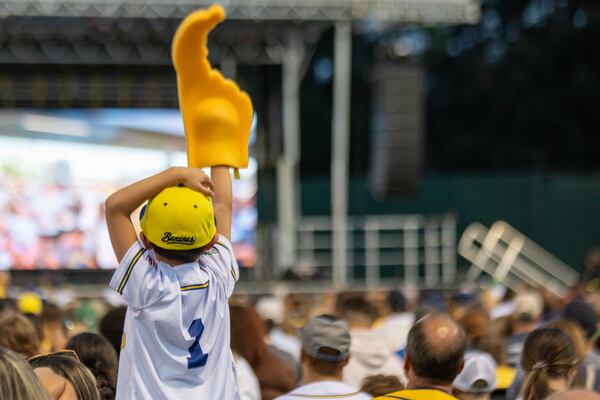 A Savannah Banana fan getting excited at the announcing of the 2024 Banana Ball World Tour draft on Thursday, October 5, 2023 in Savannah, GA. (AJC Photo/Katelyn Myrick)
