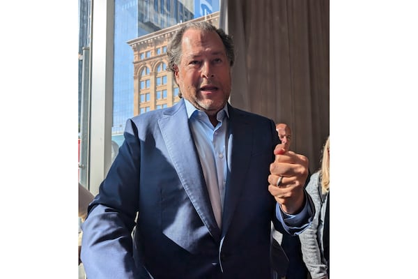 Salesforce CEO Marc Benioff emphasizes a point during an interview at the St. Regis Hotel in San Francisco, Tuesday, Dec. 17, 2024. (AP Photo/Michael Liedtke)