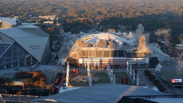 Explosives bring down the Georgia Dome Monday, Nov. 20, 2017, in Atlanta.