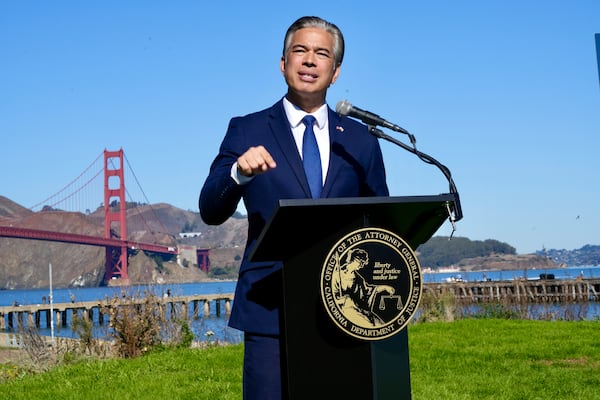 FILE - California Attorney General Rob Bonta speaks at a news conference in front of the Golden Gate Bridge in San Francisco on Thursday, Nov. 7, 2024. (AP Photo/Terry Chea, File)