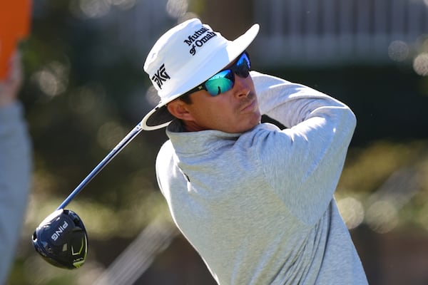 Joel Dahmen drives from the 10th tee during the final final round of the RSM Classic golf tournament, Sunday, Nov. 24, 2024, in St. Simons Island, Ga. (AP Photo/Gary McCullough)