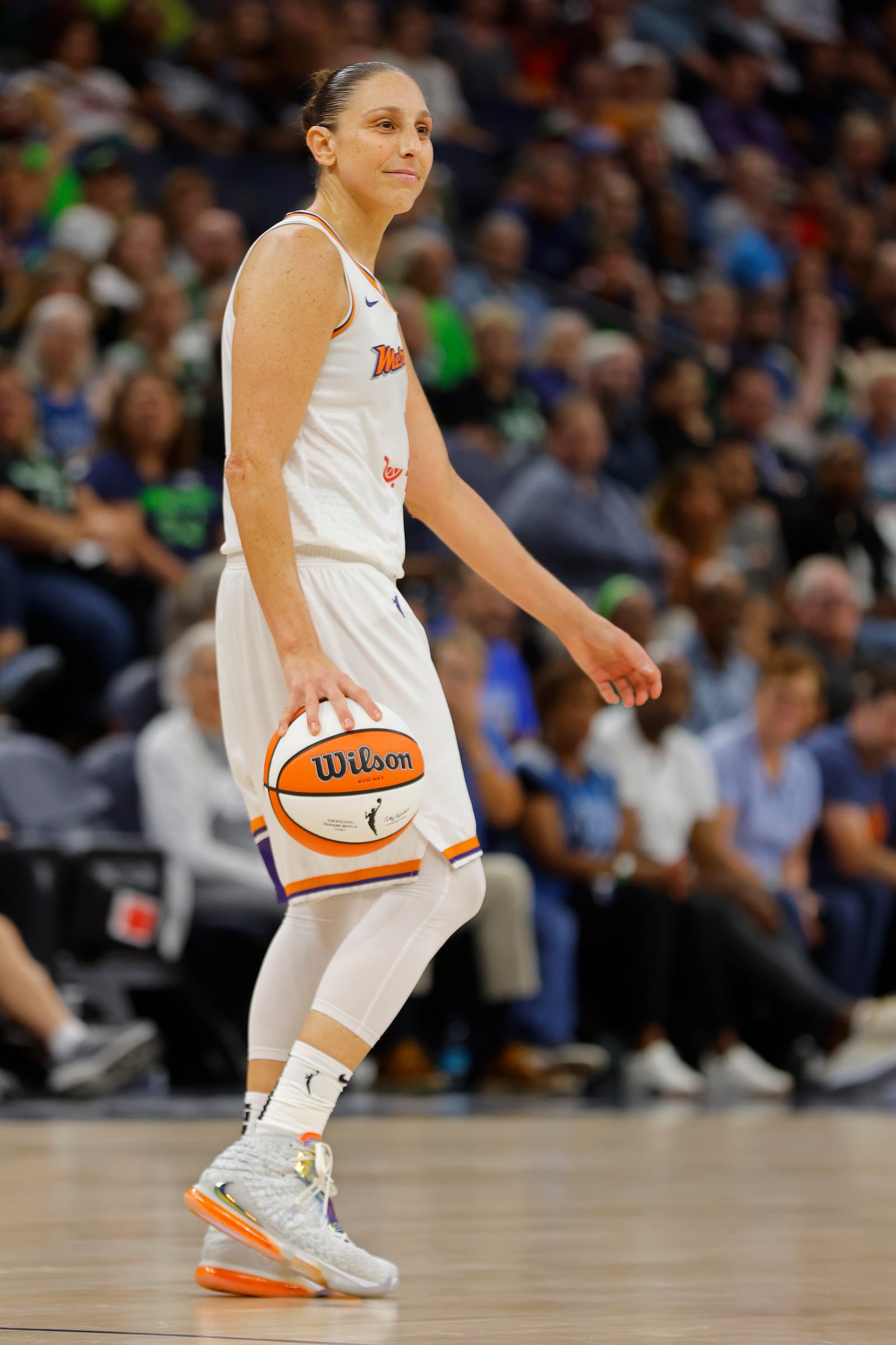 Phoenix Mercury guard Diana Taurasi looks to the referee after fouling out against the Minnesota Lynx on an offensive foul in the fourth quarter of Game 2 of a WNBA basketball first-round playoff game Wednesday, Sept. 25, 2024, in Minneapolis. (AP Photo/Bruce Kluckhohn)