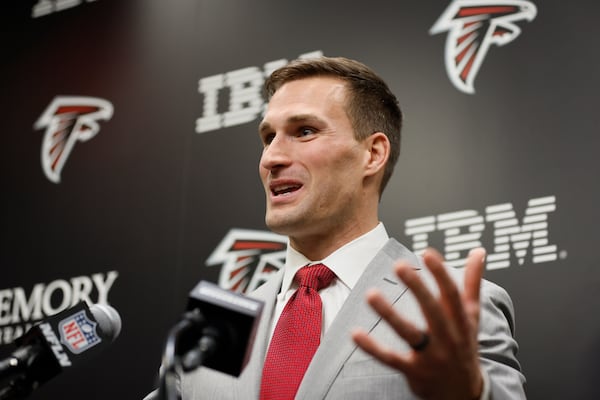 Atlanta Falcons quarterback Kirk Cousins addresses the media during his introductory press conference in Flowery Branch.