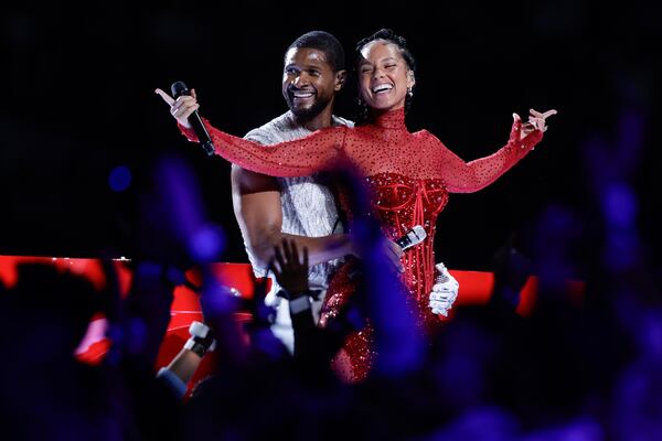 Usher and Alicia Keys perform during  halftime of Super Bowl LVIII on Sunday, Feb. 11, 2024, at Allegiant Stadium in Las Vegas. (L.E. Baskow/Las Vegas Review-Journal/TNS)