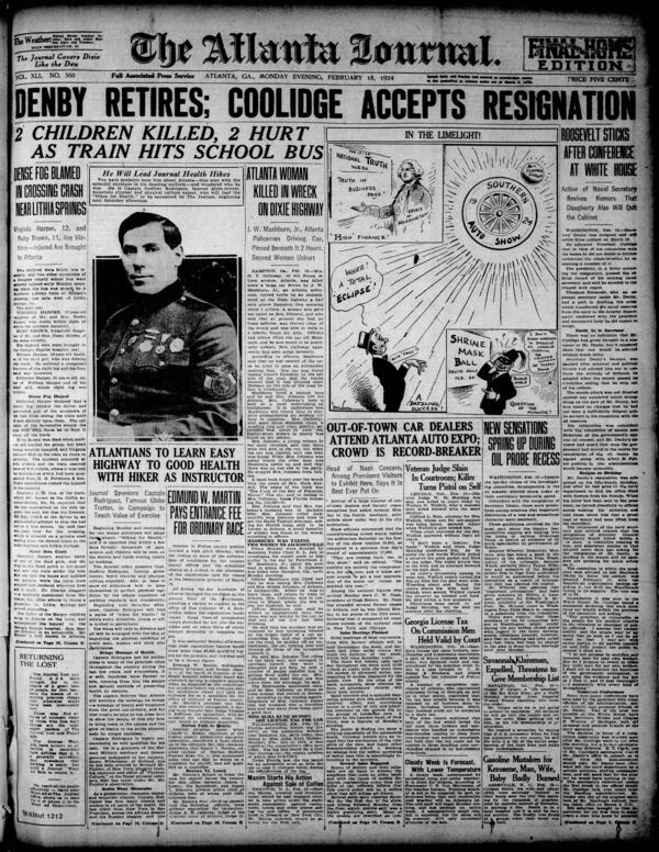 The Atlanta Journal front page on Feb. 18, 1924.