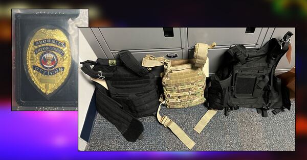 A police badge and tactical gear found at a property associated with Luis Soto, who was accused of impersonating an officer during an armed home invasion and robbery in Lawrenceville, according to Gwinnett County police. Jan. 31, 2024 (Credit: Gwinnett County Police Department)