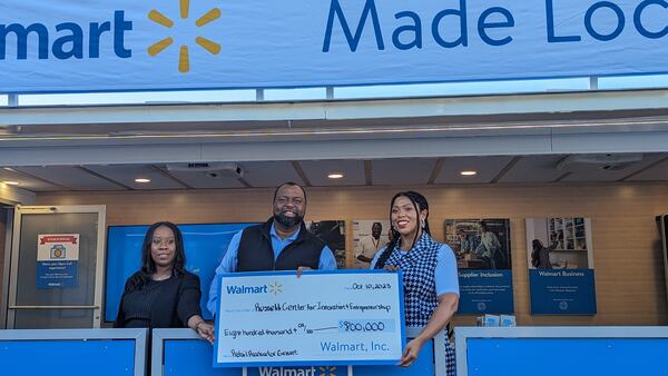 Walmart gives $800,000 grant to the Russell Innovation Center for Entrepreneurs. From left to right: Brittany Saadiq, RICE vice president of development; Jay Bailey, president and CEO of RICE; and Monique Carswell, director of the Walmart.org Center for Racial Equity.