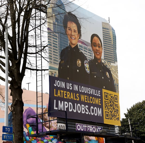 The Louisville Metro Police Department put up a billboard in downtown Atlanta earlier this year in an effort to recruit APD officers to Kentucky. 
(Bob Andres / robert.andres@ajc.com)