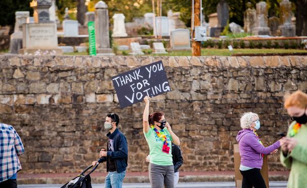 Refuse Fascism organizes and shows up for another evening of demonstrations at the corner of Memorial Drive and Boulevard on Friday, Nov 6, 2020.  The group of mainly Cabbagetown residents, have demonstrated nightly since the election and every week night since June 4.  (Jenni Girtman for The Atlanta Journal-Constitution)