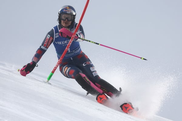 Croatia's Zrinka Ljutic speeds down the course during an alpine ski, women's World Cup slalom, in Levi, Finland, Saturday, Nov. 16, 2024. (AP Photo/Marco Trovati)