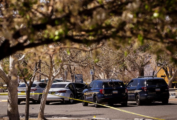 Las Cruces police investigate Friday night's fatal shooting that occurred at Young Park in Las Cruces, N.M., on Saturday, March 22, 2025. (Chancey Bush/The Albuquerque Journal via AP)