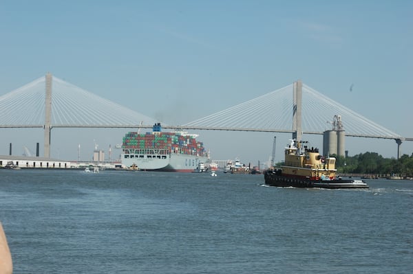 Savannah, Ga.: The Cosco Development, the largest container ship to ever call on an East Coast port, crosses under the Talmadge Memorial Bridge en route to the Garden City Terminal on the Savannah River on Thursday, May 11, 2017. J. Scott Trubey/strubey@ajc.com