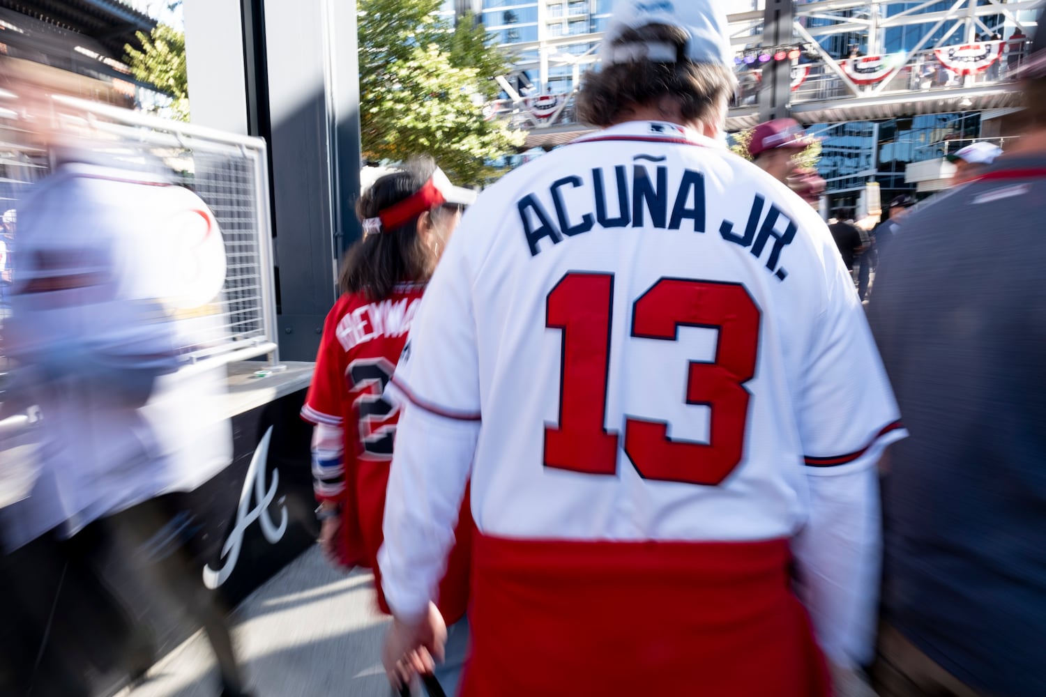 Braves fans at the Battery before game one of the National League Division Series in Atlanta on Saturday, Oct. 7, 2023.   (Ben Gray / Ben@BenGray.com)