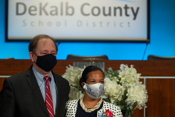 DeKalb County School District superintendent Cheryl Watson-Harris, right, poses for a photo with DeKalb County School District board member Marshall Orson after her installment ceremony in 2020. On Tuesday, the board fired Watson-Harris. Orson wasn't present for the vote, but said later he would have opposed the measure. (REBECCA WRIGHT FOR THE ATLANTA JOURNAL-CONSTITUTION)