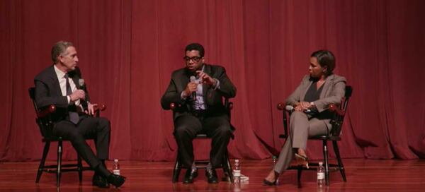 Starbucks executive chairman Howard Schultz (left), Morehouse College associate provost David Wall Rice (center), and Starbucks chief operating officer Rosalind Gates Brewer (right) discuss the recent uproar over two African-American men arrested in a Philadelphia, Pa. store and diversity issues. The discussion was part of a town hall meeting at Morehouse.