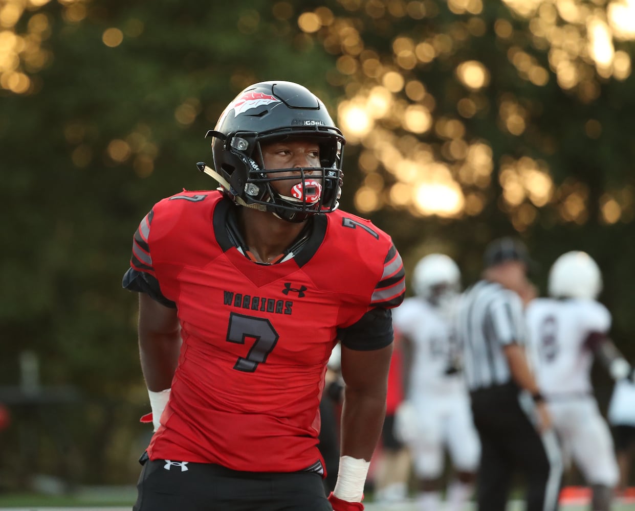 Cherokee running back Alonzo Upshaw (7) celebrates his touchdown in the second half against Carver-Atlanta at Cherokee high school Wednesday, September 2, 2020 in Canton, Ga.. JASON GETZ FOR THE ATLANTA JOURNAL-CONSTITUTION