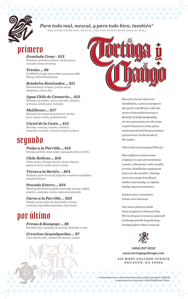 The menu for Tortuga y Chango