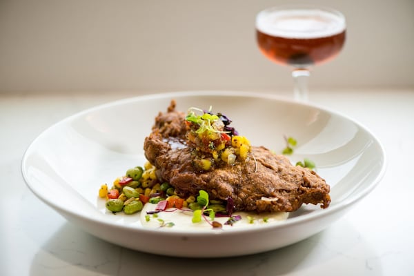 Beer-Battered Catfish with corn edamame, succotash, parsnip puree, and corn relish. Photo credit: Mia Yakel.