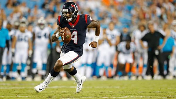 Houston Texans quarterback Deshaun Watson (4) works against the Carolina Panthers during the second half of an NFL preseason football game, Wednesday, Aug. 9, 2017, in Charlotte, N.C.