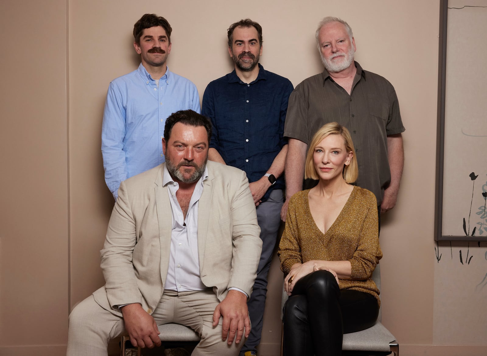 Evan Johnson, from left, Denis Menochet, Galen Johnson, Cate Blanchett, and Guy Maddin pose for a portrait to promote the film "Rumours" on Friday, Sept. 27, 2024, in New York. (Photo by Matt Licari/Invision/AP)