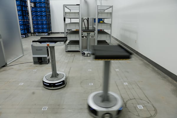 Views of Geekplus’ sorting robots are shown at the Geekplus Innovation Center in Suwanee, Ga., on Thursday, April 11, 2024. (Natrice Miller/AJC)