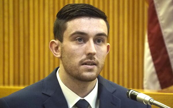 Preston Taylor, 21, testifies Wednesday, Jan. 23, 2019, at the murder trial of Liam McAtasney at the Monmouth County courthouse in Freehold, N.J. McAtasney, also 21, was convicted Tuesday, Feb. 26, 2019, of strangling friend and former classmate Sarah Stern, 19, during a robbery Dec. 2, 2016, and throwing her body off a bridge. Taylor, who was Stern's date to their junior prom, faces 20 years in prison after pleading guilty to conspiring with McAtasney to rob Stern and helping him dispose of Stern's body. McAtasney faces life in prison at his May sentencing.