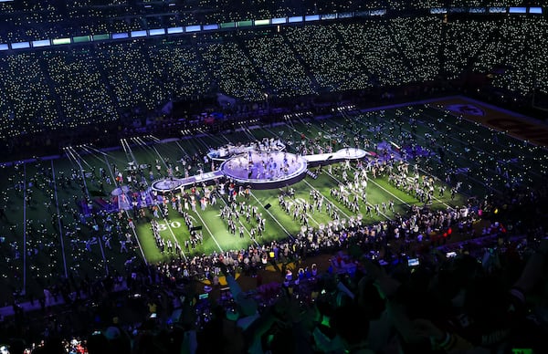 Usher performs during the halftime show at Super Bowl LVIII at Allegiant Stadium on Sunday, Feb. 11, 2024, in Las Vegas. (Ellen Schmidt/Las Vegas Review-Journal/TNS)