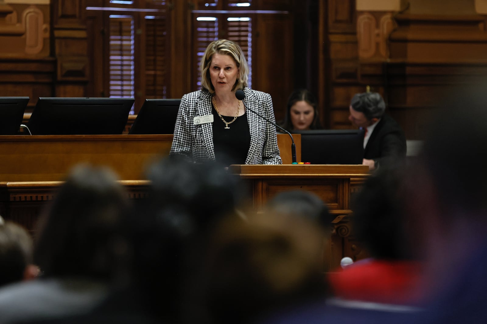 Rep. Jan Jones speaks after being reelected as speaker pro tem on day one of the Georgia Legislative Session at the Georgia State Capitol on Monday, January 9, 2023.  (Natrice Miller/natrice.miller@ajc.com)