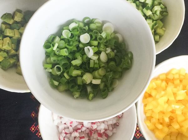 Garnishes for gazpacho sevillano. Photographed July 2, 2016. (Leslie Brenner/Dallas Morning News/TNS)