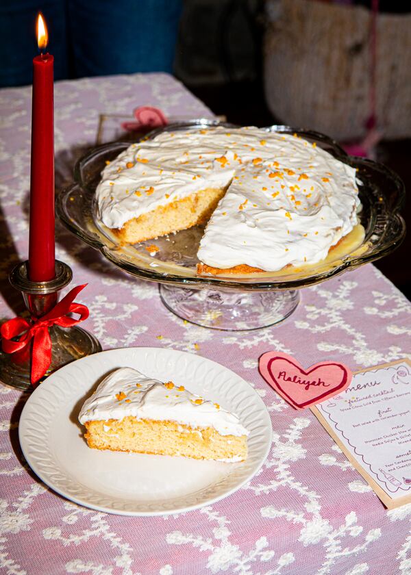 This Pear Cardamom Cake with Orange Caramel and Chantilly Cream from pastry chef Claudia Martinez is light, refreshing and will impress your supper club guests. The Chantilly Cream may be smoothed over the cake like frosting, as shown here, or presented in a dollop on the side. (Aaliyah Man for The Atlanta-Journal Constitution)