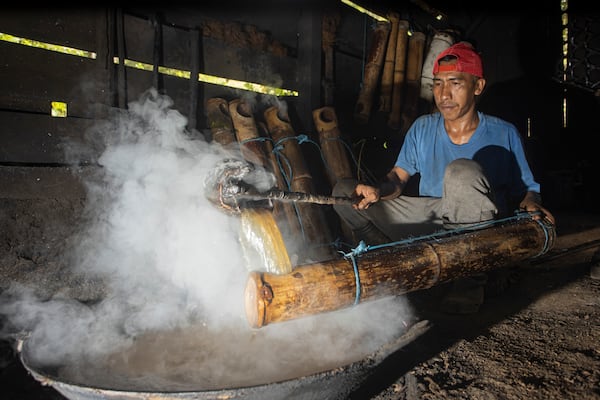 Amal Susanto makes palm sugar at his house on Kabaena Island, Southeast Sulawesi, Indonesia, Friday, Friday, Nov. 15, 2024. (AP Photo/Yusuf Wahil)