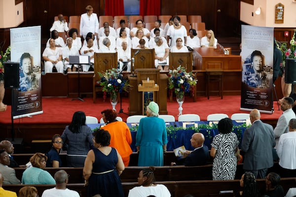 Survivors of the 1974 shooting at Ebenezer, where Alberta Williams King was murdered, stood as they were recognized during the 50th anniversary of her murder at Ebenezer Baptist Church on Sunday, June 30, 2024, in Atlanta.
(Miguel Martinez / AJC)