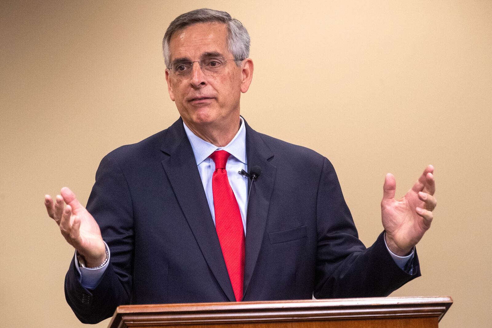 Secretary of State Brad Raffensperger speaks to the DeKalb Chamber of Commerce in Tucker on Wednesday, July 19, 2023. (Katelyn Myrick/katelyn.myrick@ajc.com)