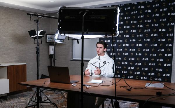 Georgia quarterback Stetson Bennett speaks during a 'virtual press conference' conducted in Indianapolis, Ind., on Saturday. (Photo by Tony Walsh/UGA Athletics)