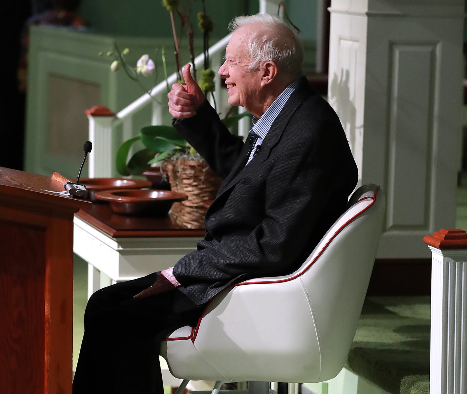 Former President Jimmy Carter, the 39th U.S. president and Plains native, smiles and gives the thumbs-up as he returns to Maranatha Baptist Church to teach Sunday school on June 9, 2019. (Photo: Curtis Compton/ccompton@ajc.com)