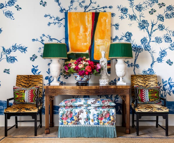 A mix of animal prints, a floral patterned wall and modern art mixed with traditional touches define interior designer Mallory Mathison Glenn's brand of preppy maximalism. Photo: Courtesy of Mallory Mathison Inc. / Jeff Herr