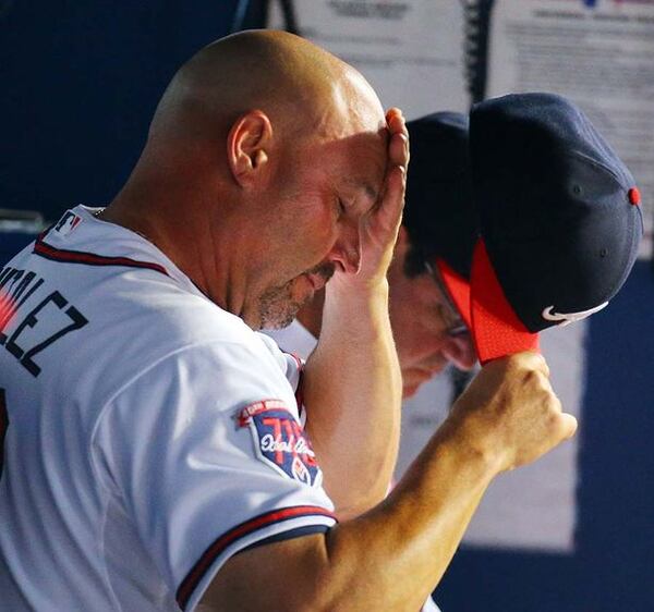 It was that kind of night. Braves manager Fredi Gonzalez shows his frustration during an ugly eighth inning as the Dodgers build a 6-1 lead Monday.