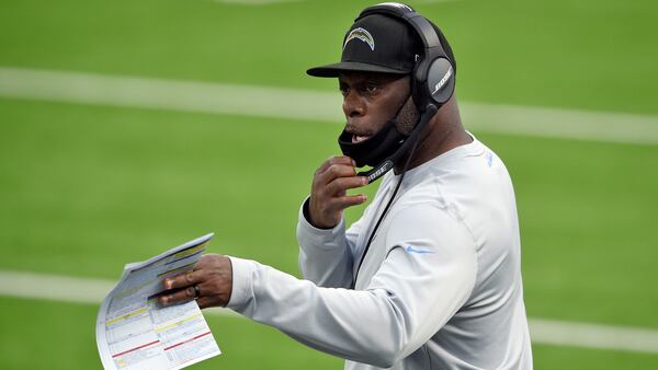 Los Angeles Chargers head coach Anthony Lynn gives out instructions from the sideline during the first half against the New England Patriots Sunday, Dec. 6, 2020, in Inglewood, Calif. Los Angeles won its final four games to finish 7-9. (Kelvin Kuo/AP)