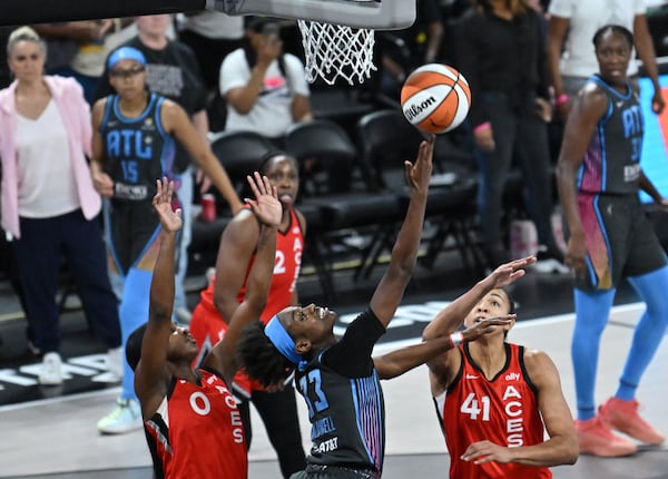 Atlanta Dream guard Maya Caldwell (33) goes to the basket for a shot during the first half at the Gateway Center Arena, Friday, July 12, 2024, in College Park. (Hyosub Shin / AJC)