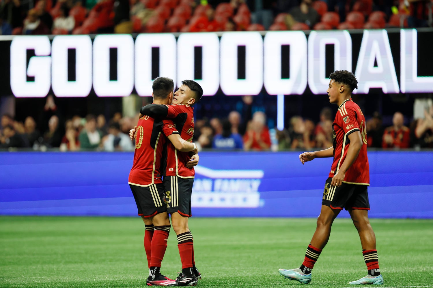 Atlanta United midfielder Thiago Almada (23) celebrates Luis Araújo's goal during the first half against Liga MX Toluca of an exhibition match on Wednesday, Feb 15, 2023, in Atlanta.
 Miguel Martinez / miguel.martinezjimenez@ajc.com