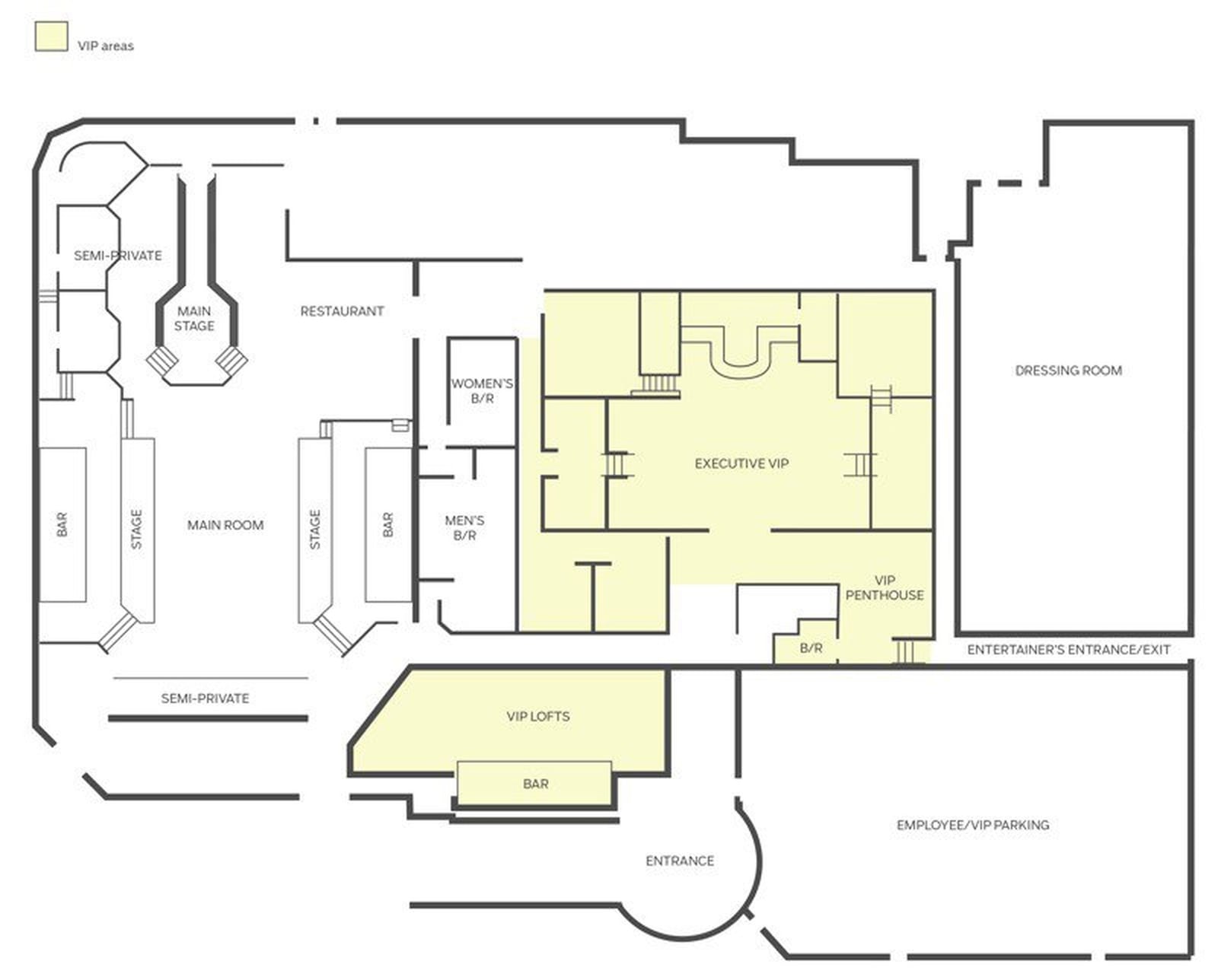 In its settlement with dancers, the Cheetah said that it had eliminated the penthouse VIP room shown on this floor plan from 2017, and replaced frosted glass doors to other VIP rooms with clear glass. Some dancers alleged that the seclusion and privacy of the VIP rooms left them unprotected and subject to physical or sexual abuse from patrons. AJC