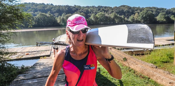 Grace Teborek (foreground) and Laurie Cotton-Smith (background) bring their double scull back in from the Chattahoochee at the Atlanta Rowing Club at 500 Azalea Drive in Roswell, Georgia on Monday Sept. 30, 2019 after a morning row. The pair said its alway cool on the river. 